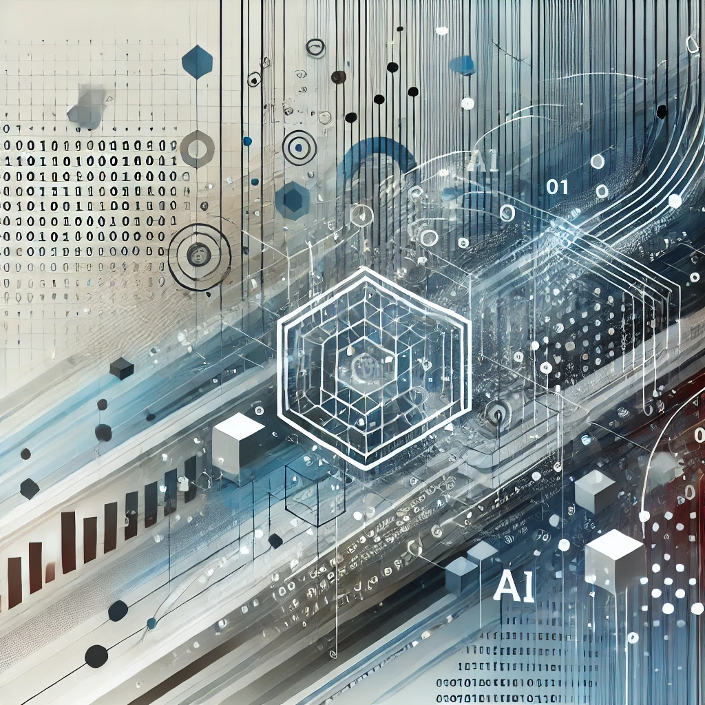 DALL·E 2024-08-30 14.21.33 - An abstract representation of data-driven business decision-making with AI. The image features abstract geometric shapes and lines symbolizing data fl